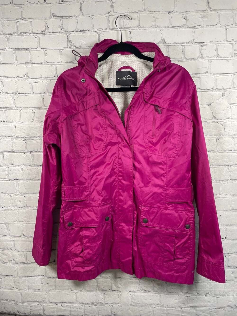 Eddie Bauer Magenta WeatherEdge Plus Waterproof Hooded Rain Jacket Sz L